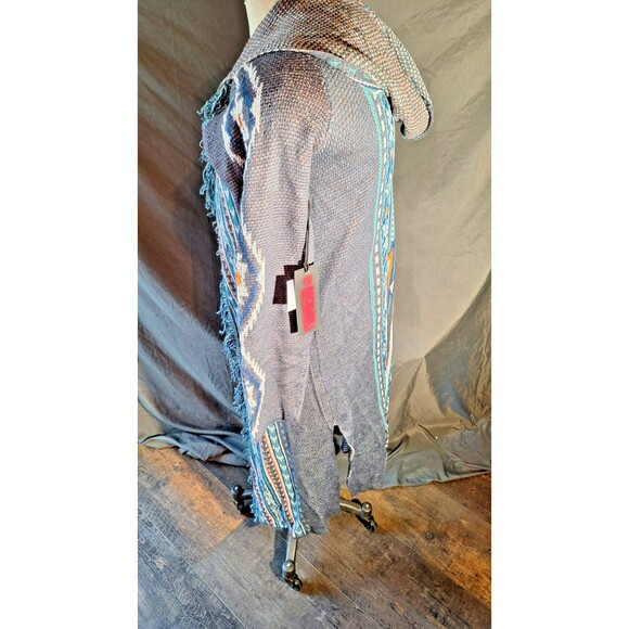 Aztec Southwestern Festival Bohemian Boho‎ Long Open Duster Cardigan Hood Fringe - Picture 4 of 8